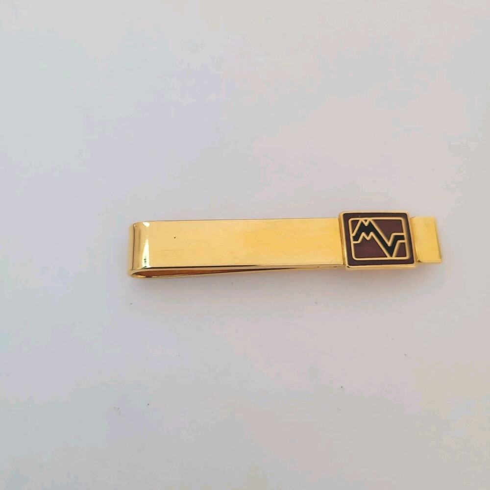 Mario Valentino MV USA Vintage Tack Tie Clasp Clip Bar Gold Red Black Retro Logo - Picture 1 of 5